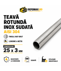 Teava rotunda inox sudata AISI 304, 25 x 3 mm, 6 metri Teava rotunda inox sudata AISI 304, 25 x 3 mm, 6 metri